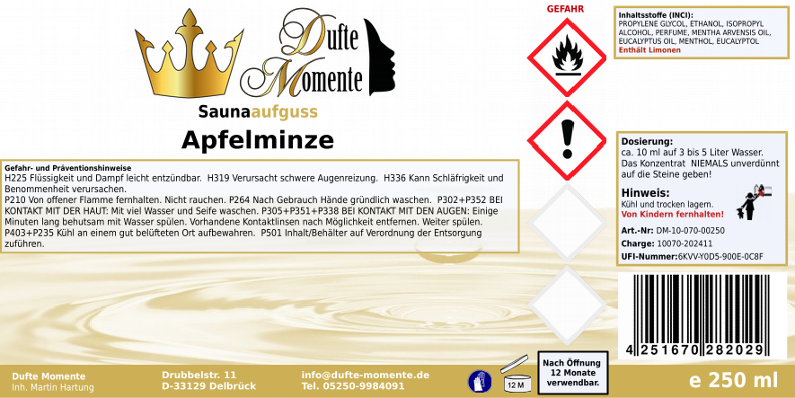 Saunaduft Konzentrat 250 ml Etikett Apfelminze