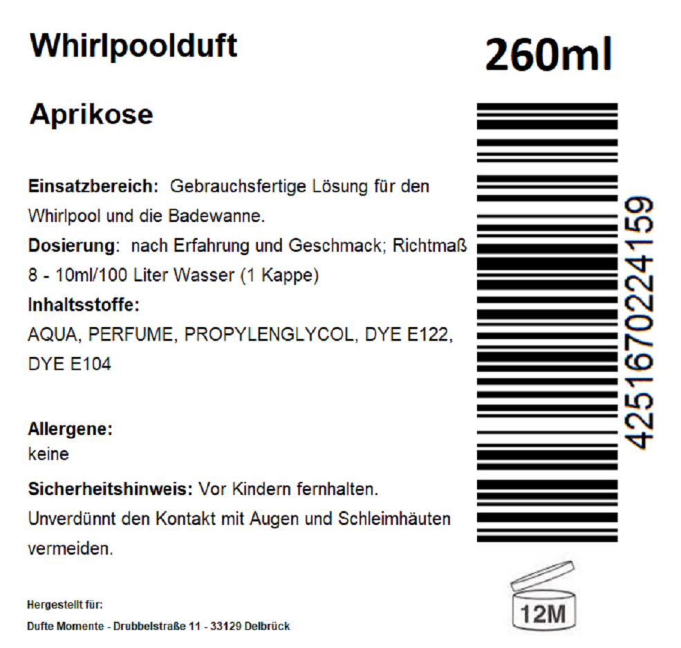 Whirlpoolduft 260 ml Etikett Aprikose