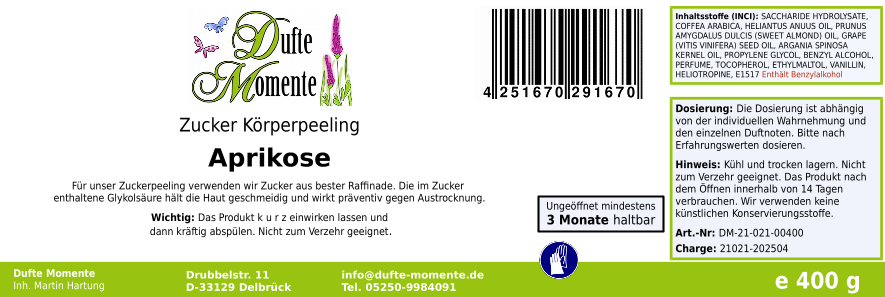 Aprikose - 400g Zucker Körperpeeling, für empfindliche Haut