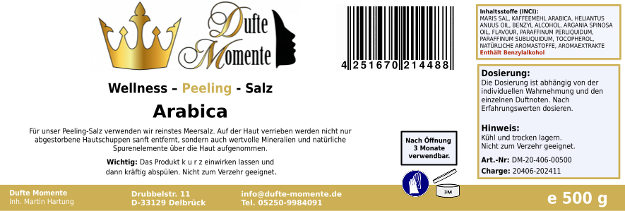 Arabica (Kaffee) - 500g Salz Körperpeeling, mit BIO-Meersalz