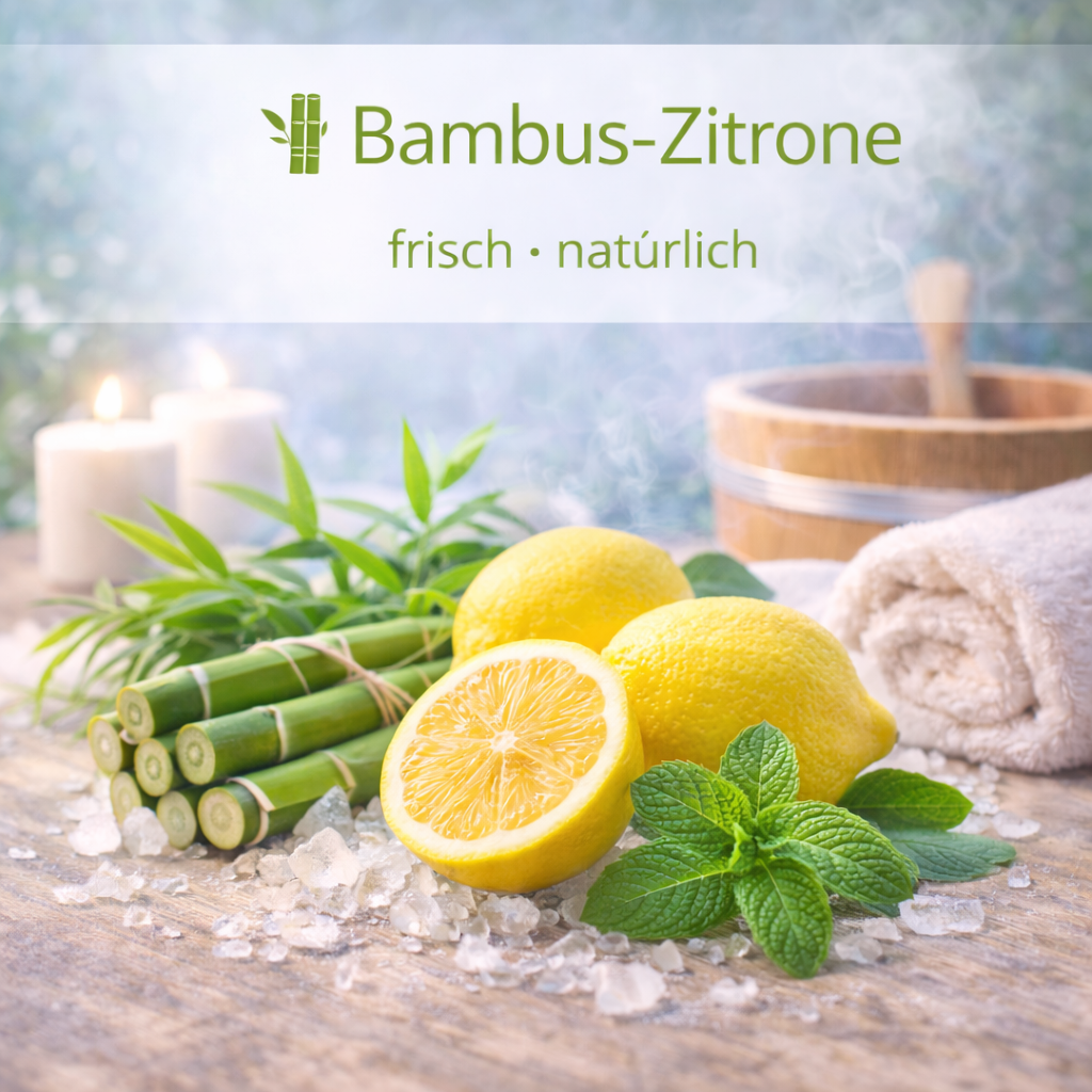 Moodbild Bambus-Zitrone mit visualisierten Inhaltsstoffen und Saunaelementen