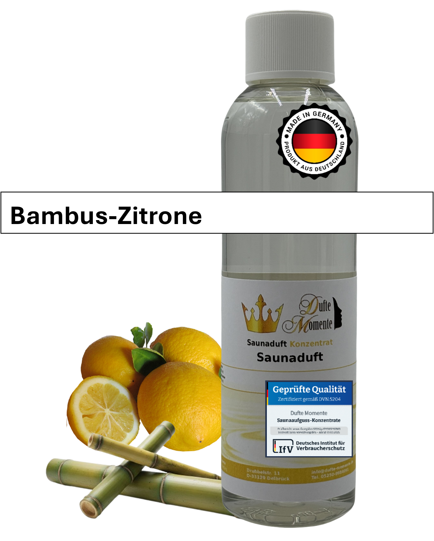 Saunaduft Bambus-Zitrone in 250ml Flasche mit Duftbestandteilen und Duftbanner