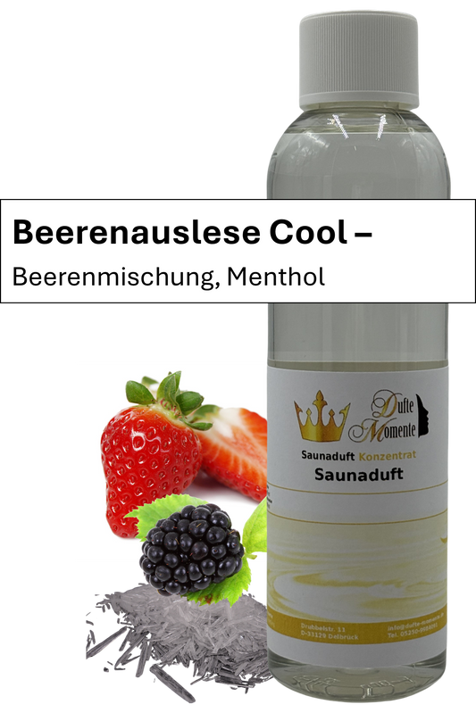 Saunaaufguss Beerenauslese Cool in 250ml Flasche mit Duftbanner