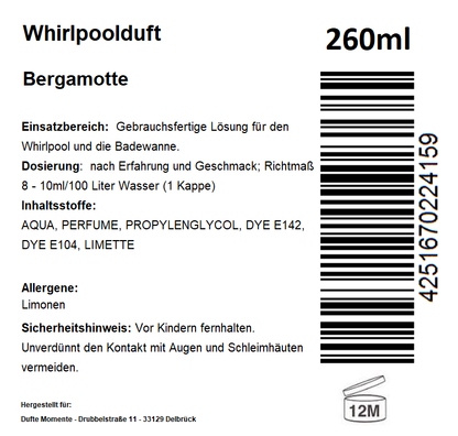 Whirlpoolduft 260 ml Etikett Bergamotte