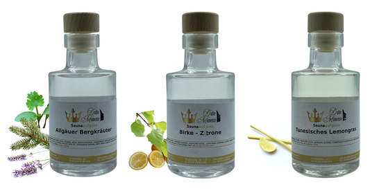 Saunaduft Konzentrat Glasflasche Dreier Set 100ml Allgäuer Bergkräuter, Birke-Zitrone und Tunesisches Lemongras