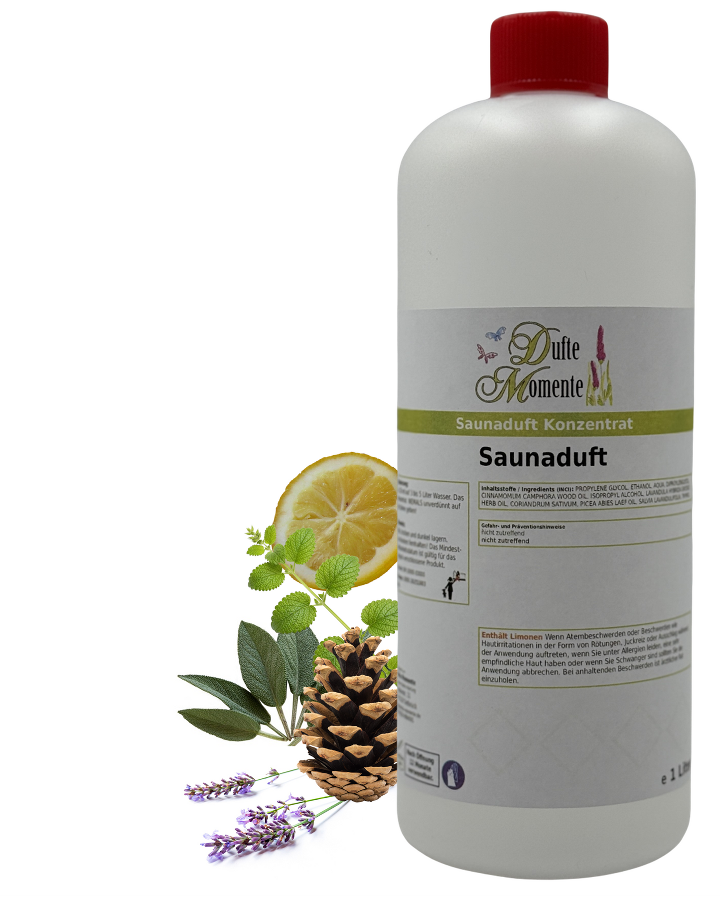 Saunaduft Bergkräuter auf Citrusbasis in 1 Liter Flasche mit Kräutern, Zitrone