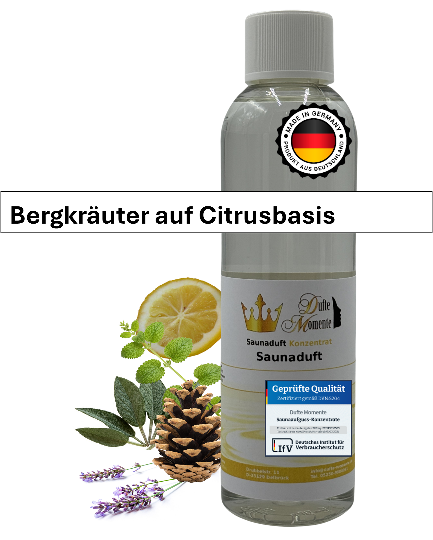 Saunaduft Bergkräuter auf Citrusbasis in 250ml Flasche mit Kräutern, Zitrone und Duftbanner