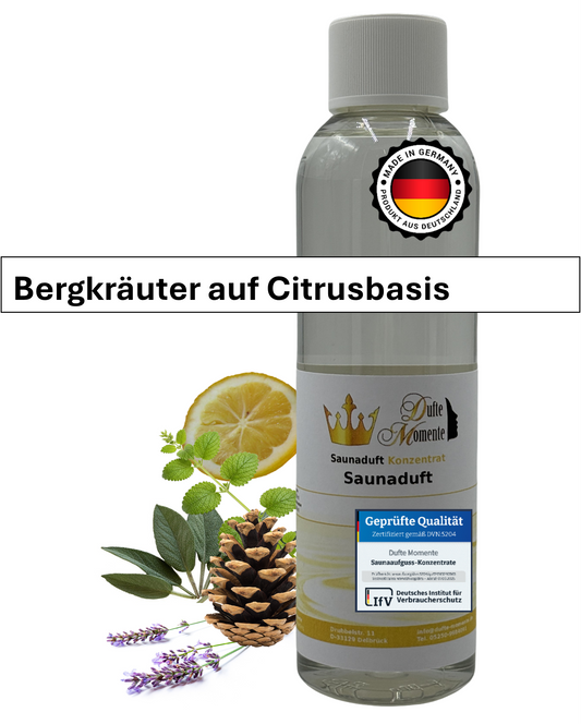 Saunaduft Bergkräuter auf Citrusbasis in 250ml Flasche mit Kräutern, Zitrone und Duftbanner