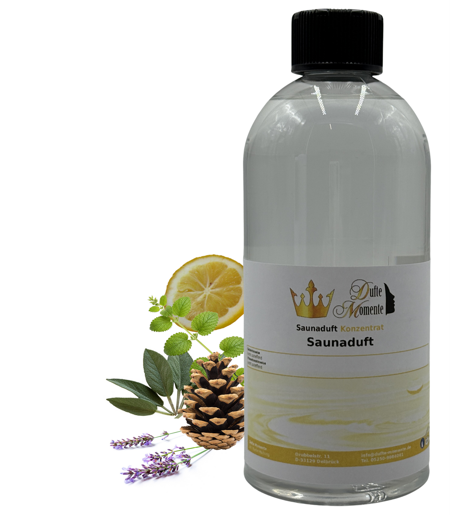 Saunaduft Bergkräuter auf Citrusbasis in 500ml Flasche mit Kräutern, Zitrone