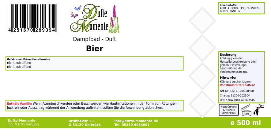 Dampfbadduft Konzentrat Etikett 500 ml Bier