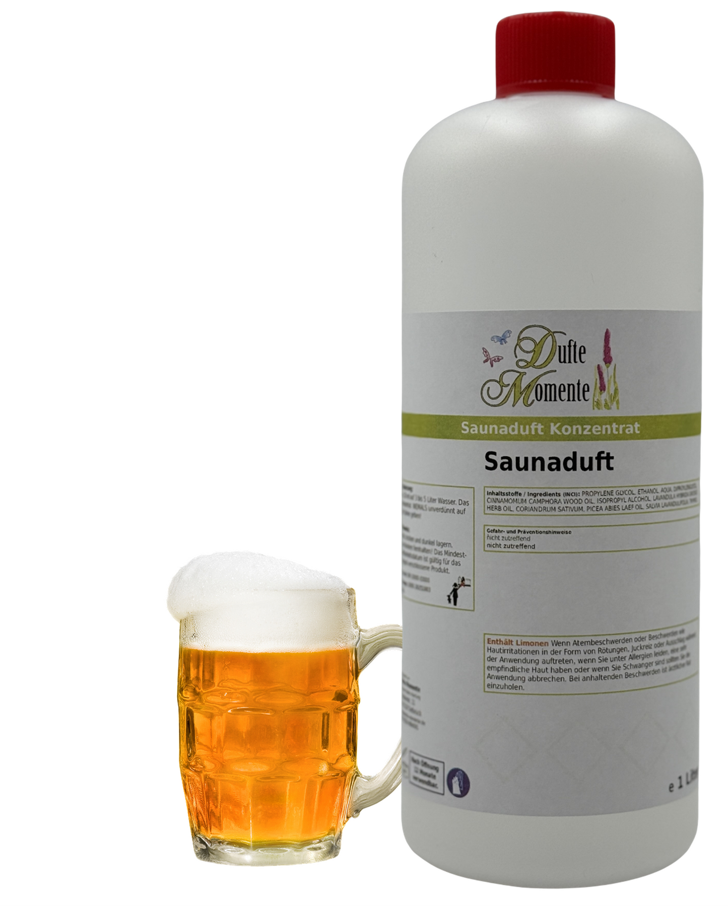Saunaduft Bier in 1000ml Flasche mit vollem Bierglas