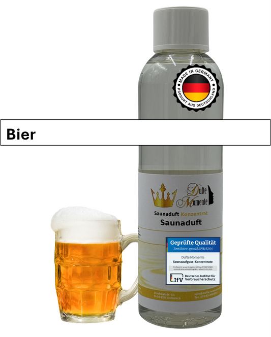 Saunaduft Bier in 250ml Flasche mit vollem Bierglas und Duftbanner