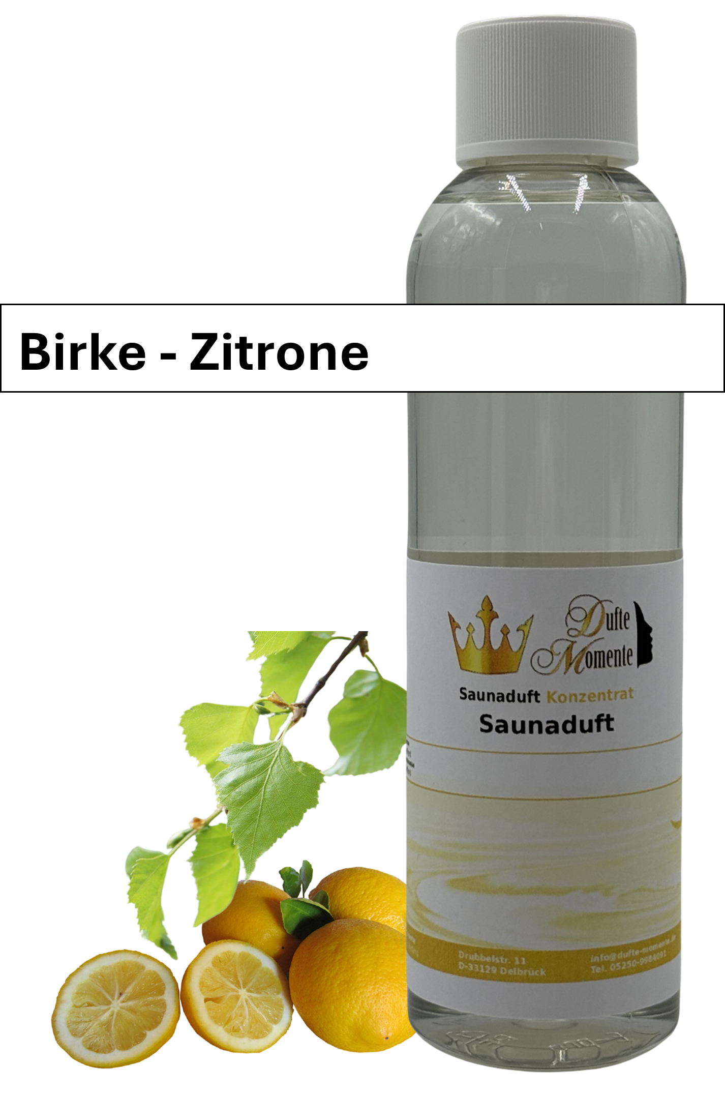 Saunaaufguss Birke-Zitrone in 250ml Flasche mit Duftbanner