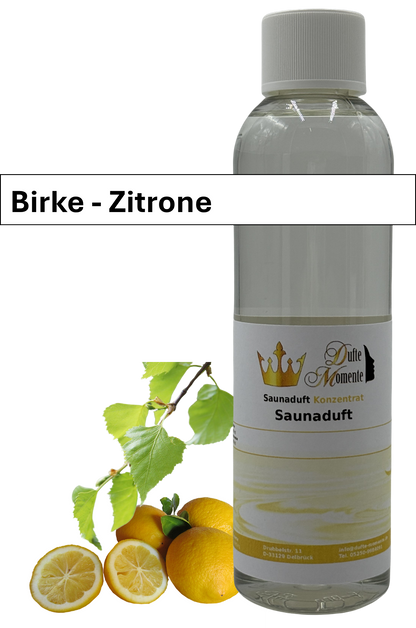 Saunaaufguss Birke-Zitrone in 250ml Flasche mit Duftbanner