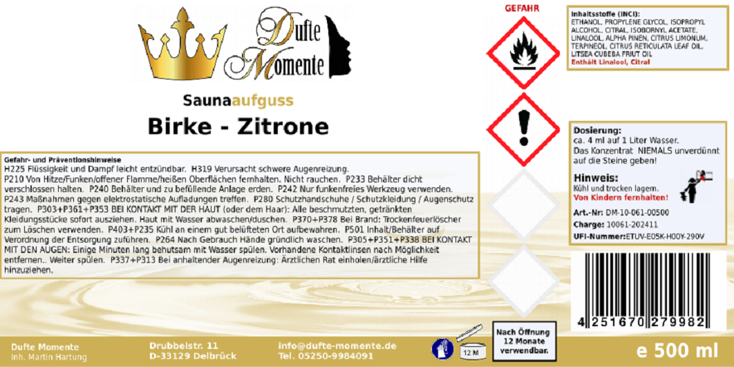 Saunaduft Konzentrat 500 ml Etikett Birke - Zitrone