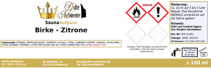 Saunaduft Konzentrat Etikett 100ml Birke - Zitrone