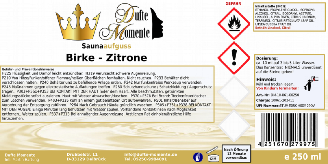 Saunaduft Konzentrat 250 ml Etikett Birke - Zitrone