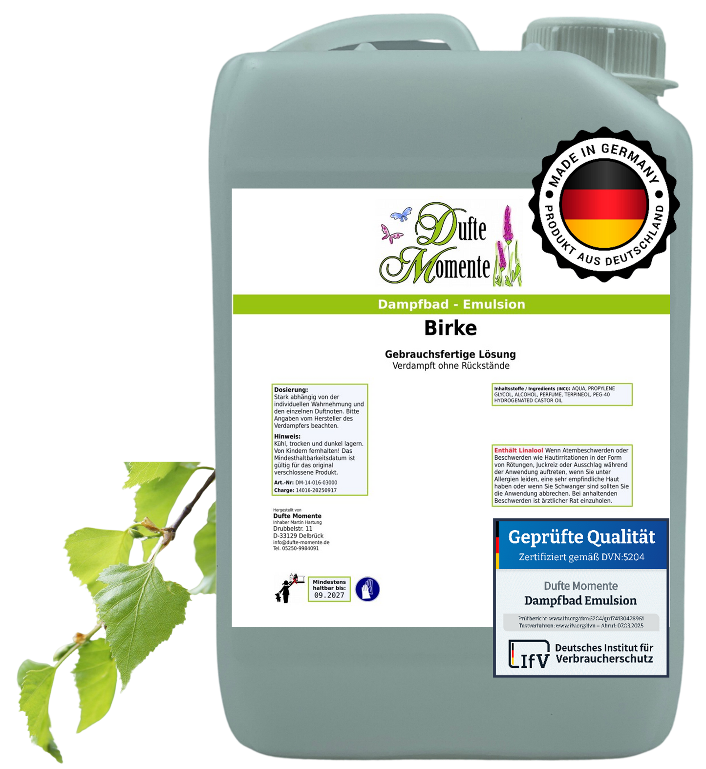 Dampfbad-Emulsion Birke | Gebrauchsfertig & DVN-Zertifiziert für Dein Home-Spa | 3L, 5L, 10L