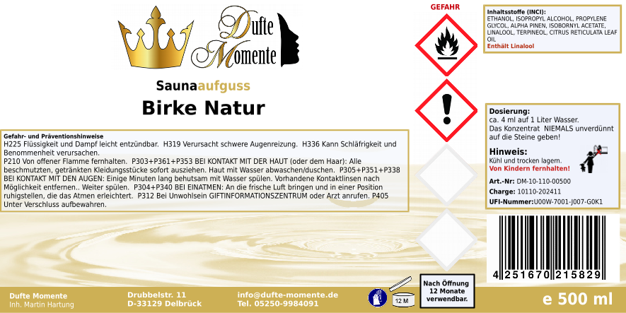 Saunaduft Konzentrat 500 ml Etikett Birke Natur