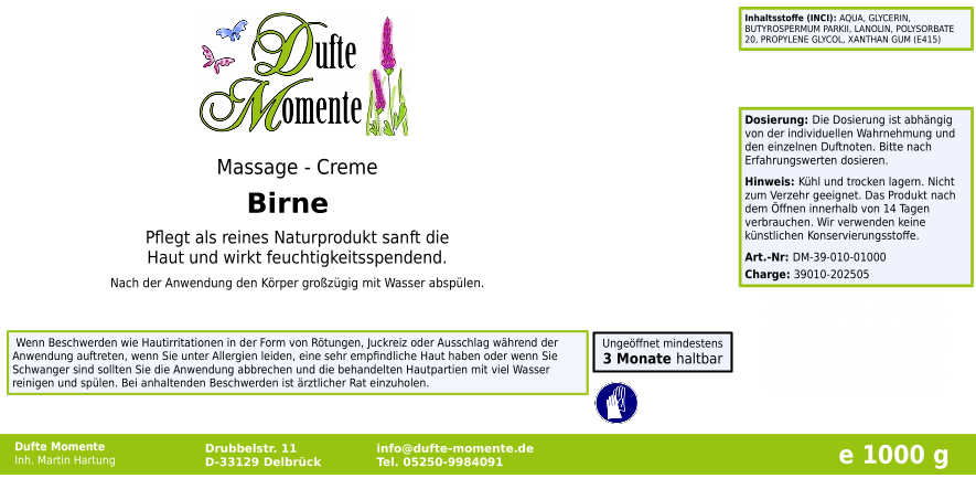 Massage-Creme Birne -  1 kg, mit hochwertiger Sheabutter