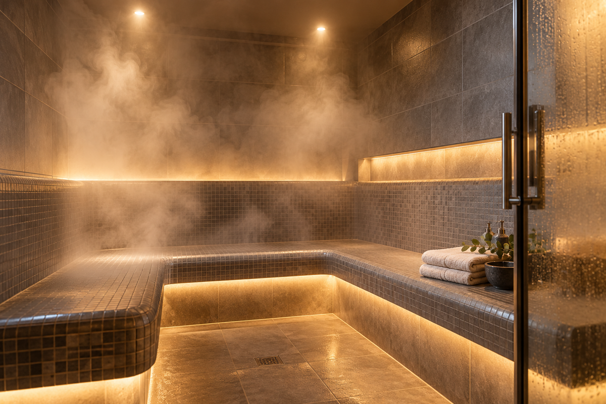 Modernes Dampfbad mit Sitzbänken und Wasserdampf