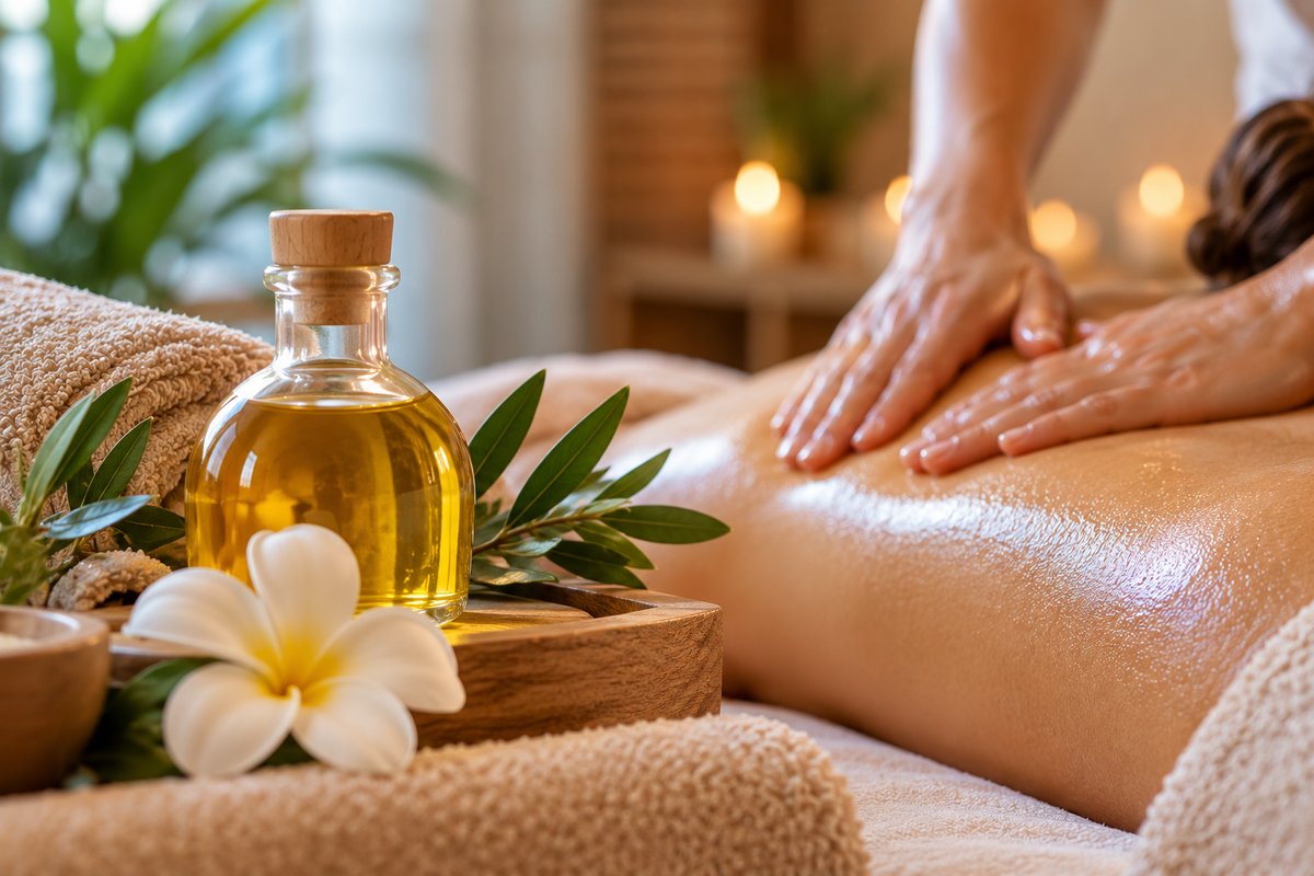 Massage mit Massageöl in entspannter Wellness-Atmosphäre