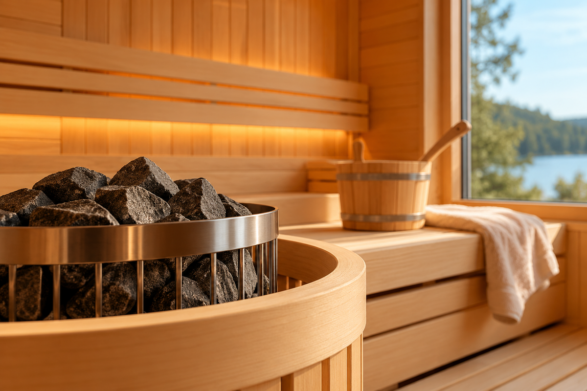 Saunaofen mit Saunasteinen in moderner Holzsauna