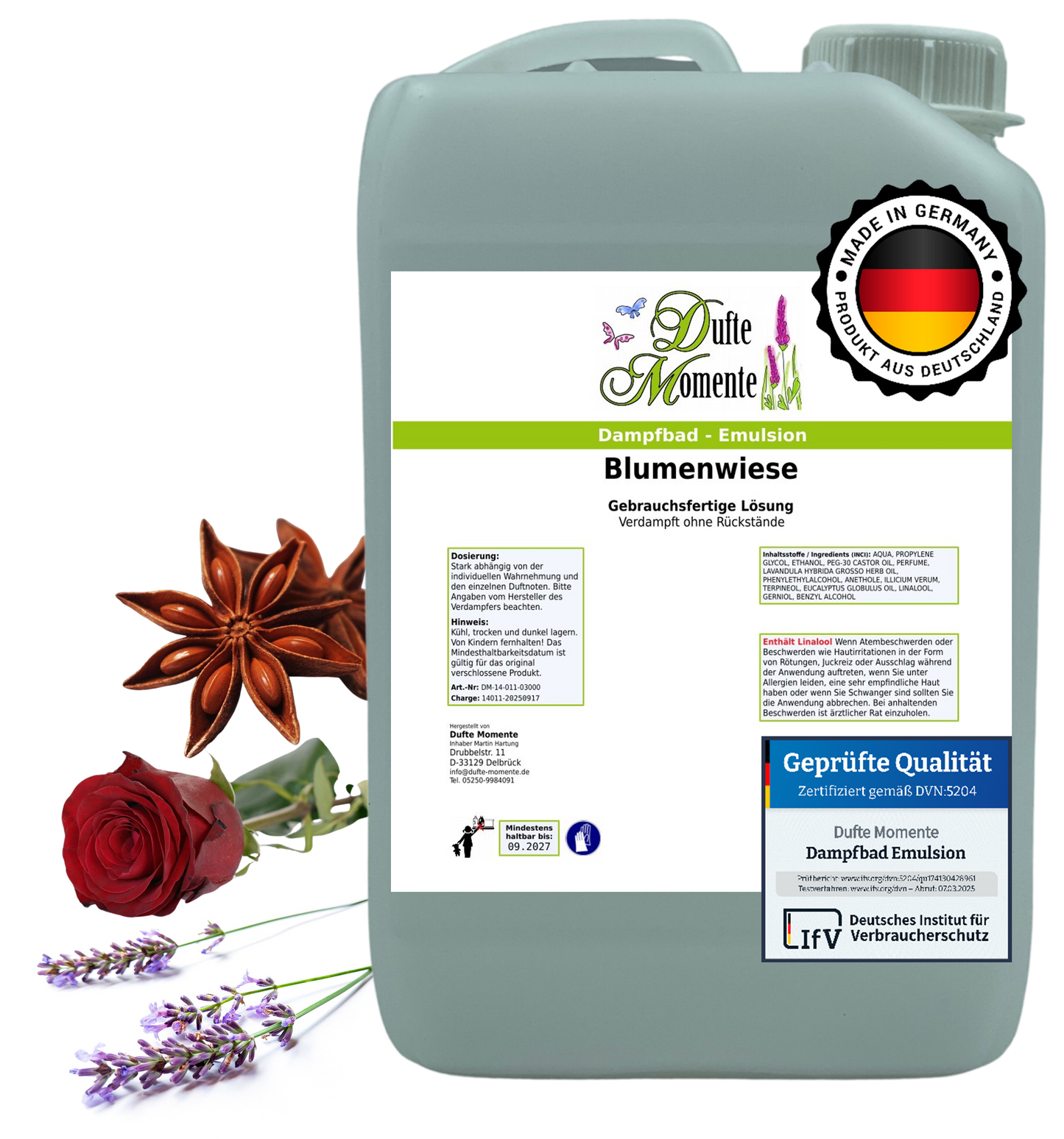 Dampfbad-Emulsion Blumenwiese (Anis, Lavendel, Rose) | Gebrauchsfertig & DVN-Zertifiziert für Dein Home-Spa | 3L, 5L, 10L