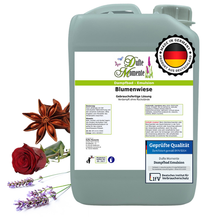 Dampfbad-Emulsion Blumenwiese (Anis, Lavendel, Rose) | Gebrauchsfertig & DVN-Zertifiziert für Dein Home-Spa | 3L, 5L, 10L