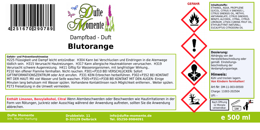 Dampfbadduft Konzentrat Etikett 500 ml Blutorange