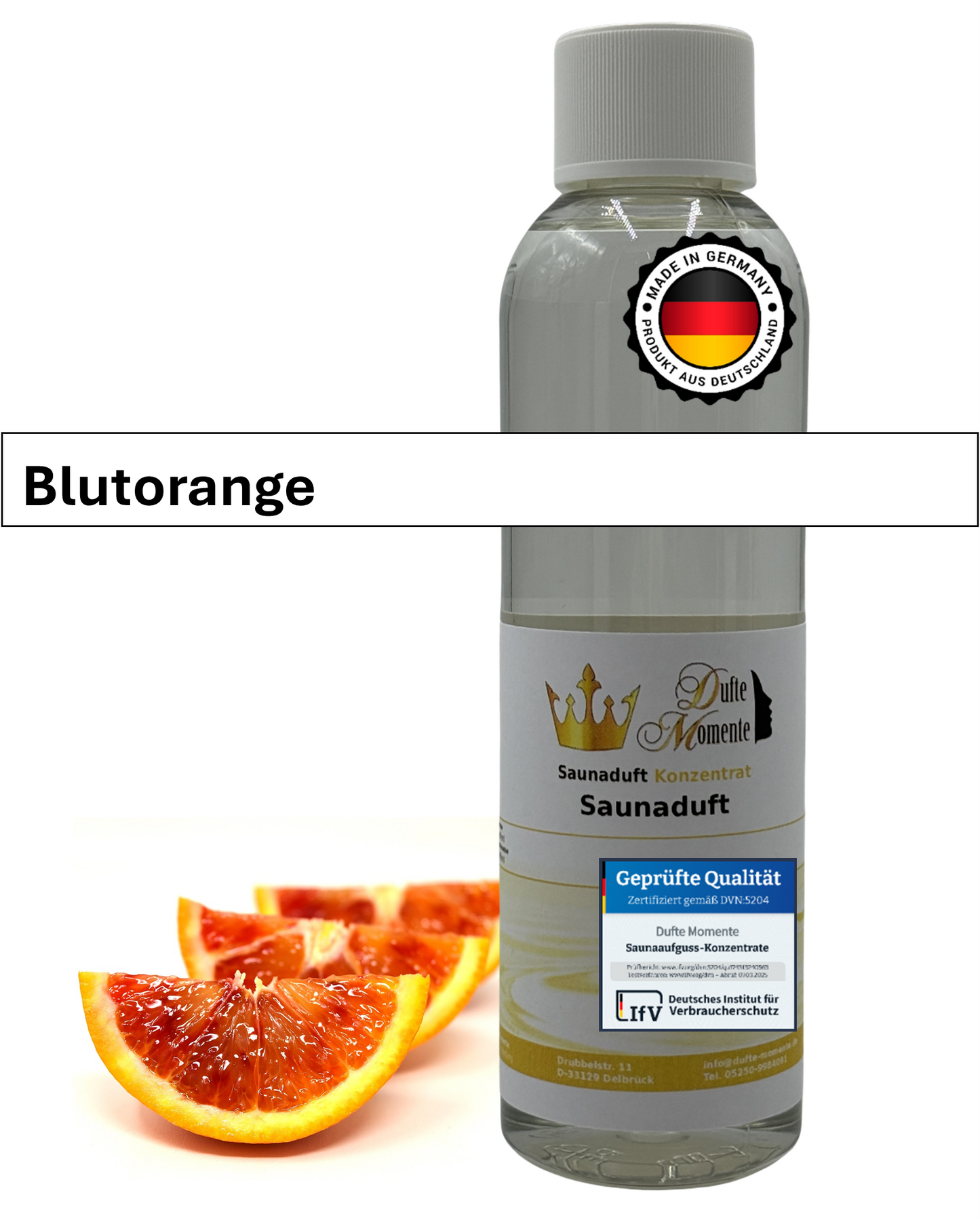 Saunaduft Blutorange in 250ml Flasche mit Blutorange und Duftbanner