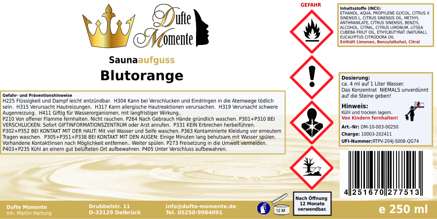 Saunaduft Konzentrat 250 ml Etikett Blutorange