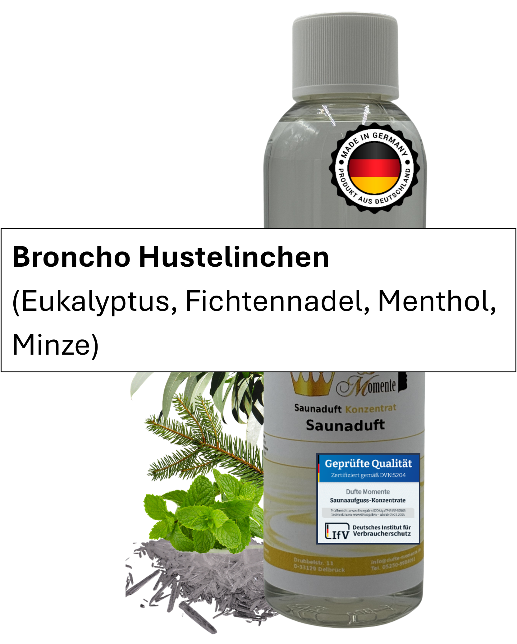 Saunaduft Broncho Hustelinchen in 250ml Flasche mit Duftbestandteilen und Duftbanner