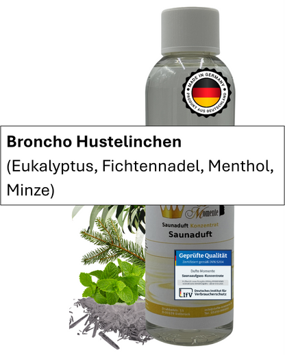 Saunaduft Broncho Hustelinchen in 250ml Flasche mit Duftbestandteilen und Duftbanner