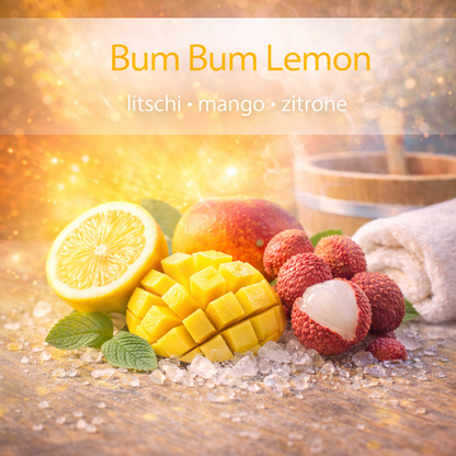 Moodbild Bum Bum Lemon mit visualisierten Inhaltsstoffen und Saunaelementen