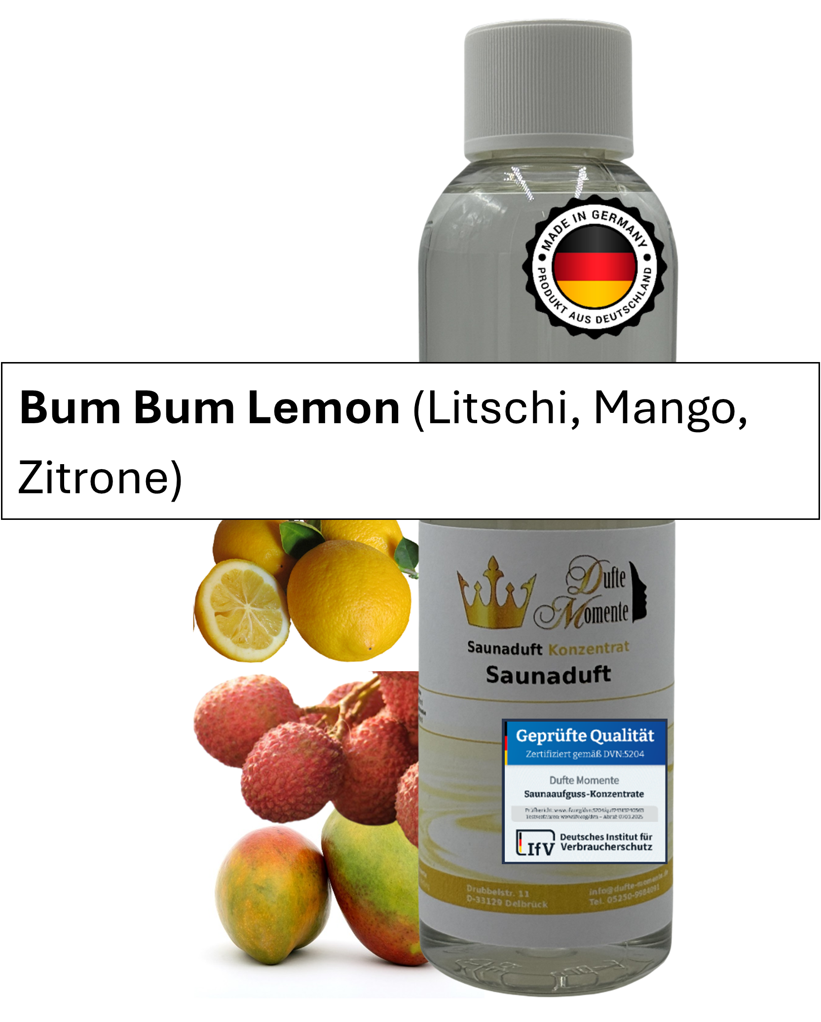 Saunaduft Bum Bum Lemon in 250ml Flasche mit Duftbestandteilen und Duftbanner