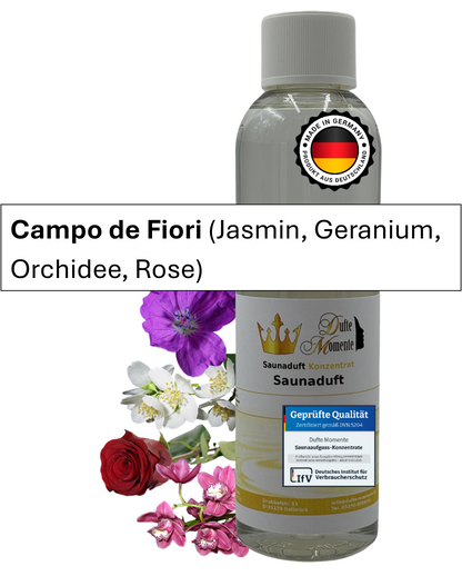 Saunaduft Campo de Fiori in 250ml Flasche mit Duftbestandteilen und Duftbanner