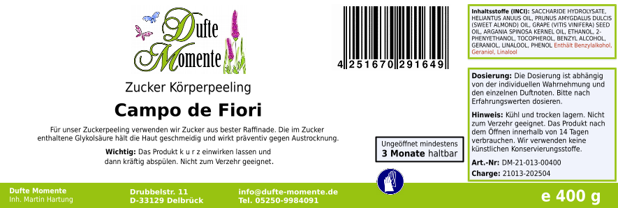 Campo de Fiori (Geranium, Jasmin, Orchidee, Rose) - 400g Zucker Körperpeeling, für empfindliche Haut