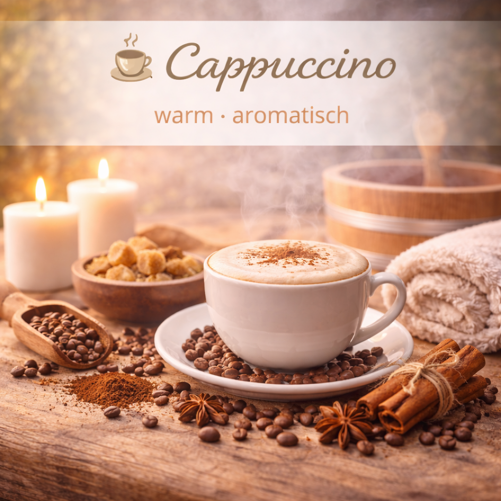 Moodbild Cappuccino mit visualisierten Inhaltsstoffen und Saunaelementen