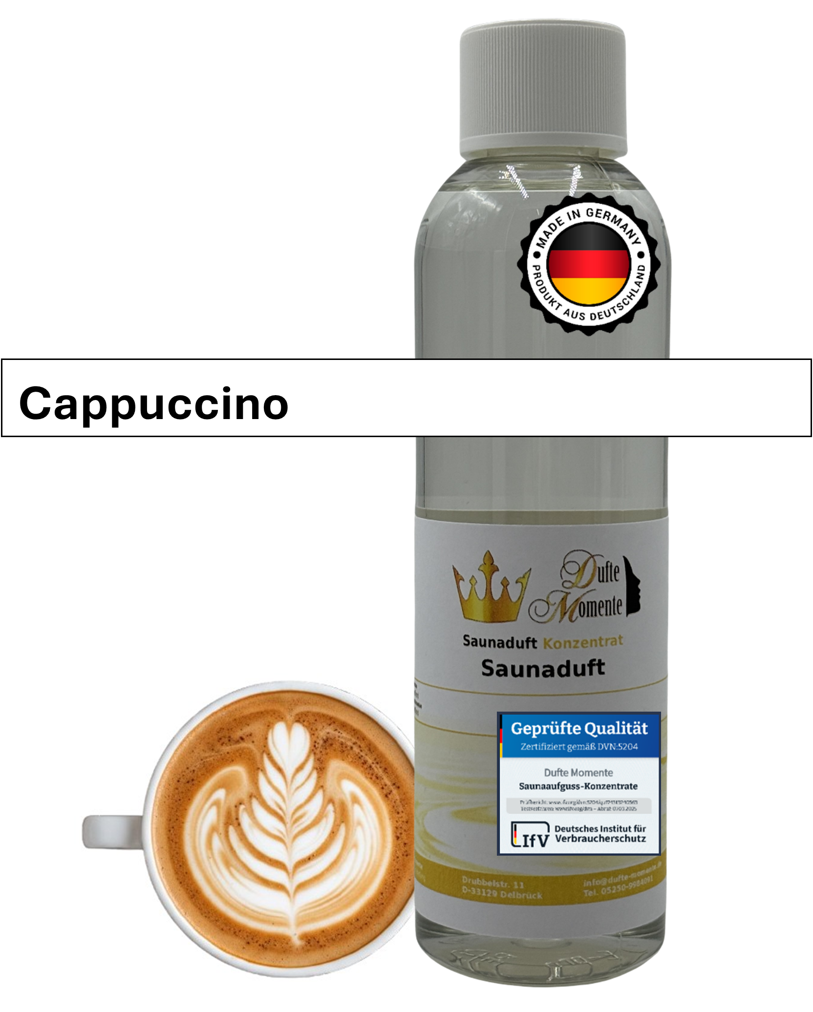 Saunaduft Cappuccino in 250ml Flasche mit Duftbestandteilen und Duftbanner