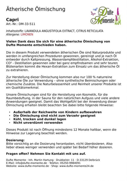 Beipackzettel ätherische Ölmischung Capri mit Anwendungshinweisen und Inhaltsstoffen