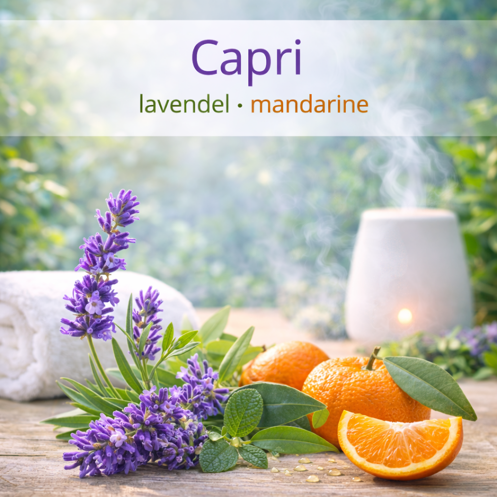 Ätherische Ölmischung Capri mit Lavendel und Mandarine in Wellness Atmosphäre