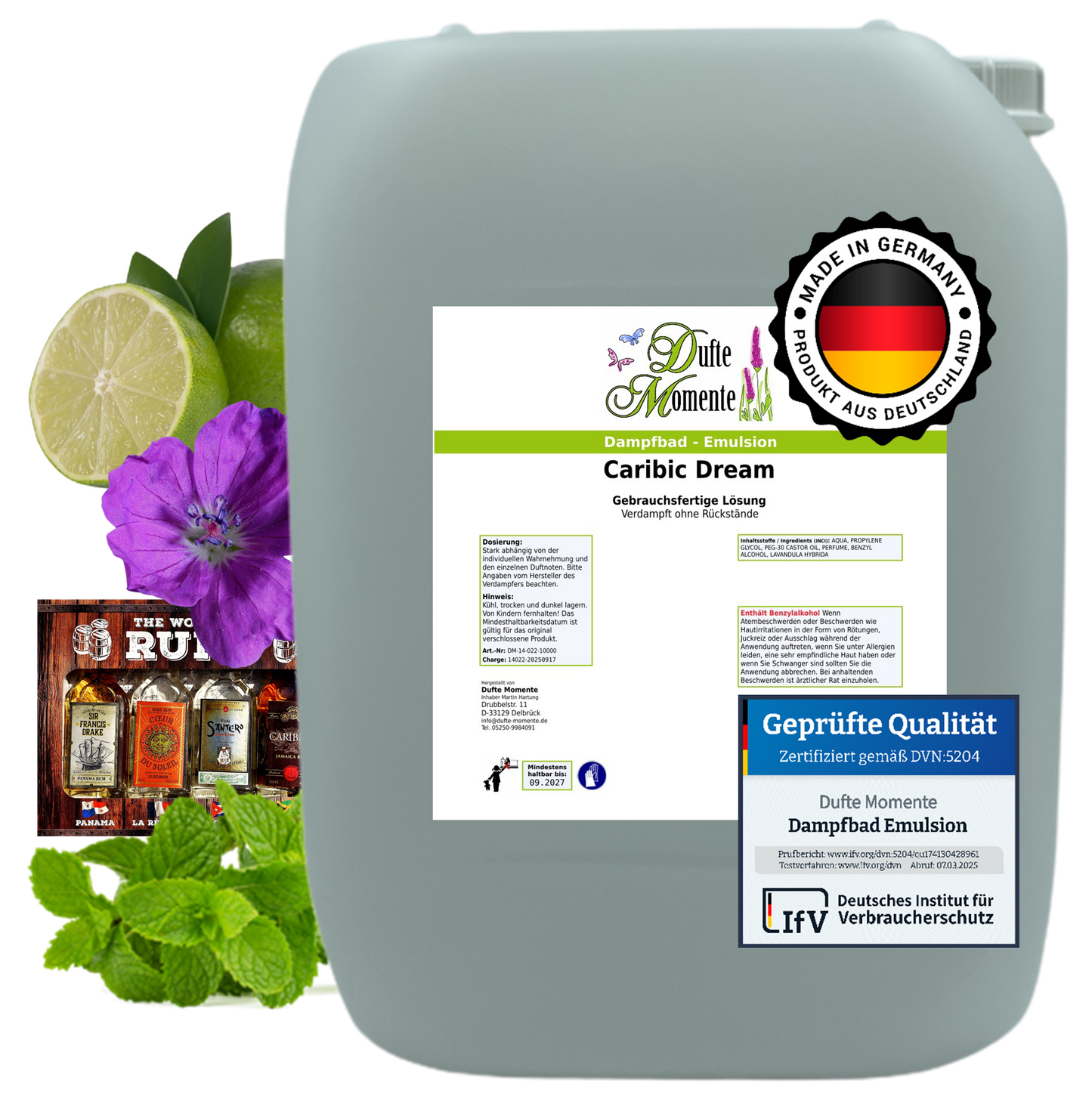 Dampfbad-Emulsion Caribic Dream (Geranium, Mojito) | Gebrauchsfertig & DVN-Zertifiziert für Dein Home-Spa | 3L, 5L, 10L
