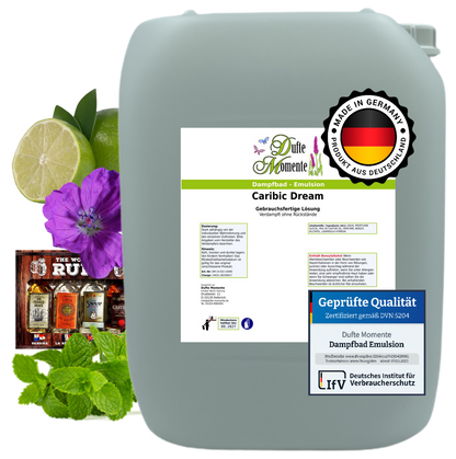 Dampfbad-Emulsion Caribic Dream (Geranium, Mojito) | Gebrauchsfertig & DVN-Zertifiziert für Dein Home-Spa | 3L, 5L, 10L
