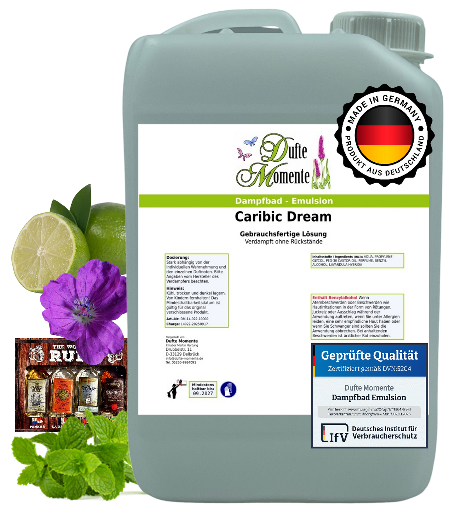 Dampfbad-Emulsion Caribic Dream (Geranium, Mojito) | Gebrauchsfertig & DVN-Zertifiziert für Dein Home-Spa | 3L, 5L, 10L