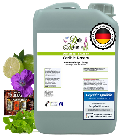 Dampfbad-Emulsion Caribic Dream (Geranium, Mojito) | Gebrauchsfertig & DVN-Zertifiziert für Dein Home-Spa | 3L, 5L, 10L