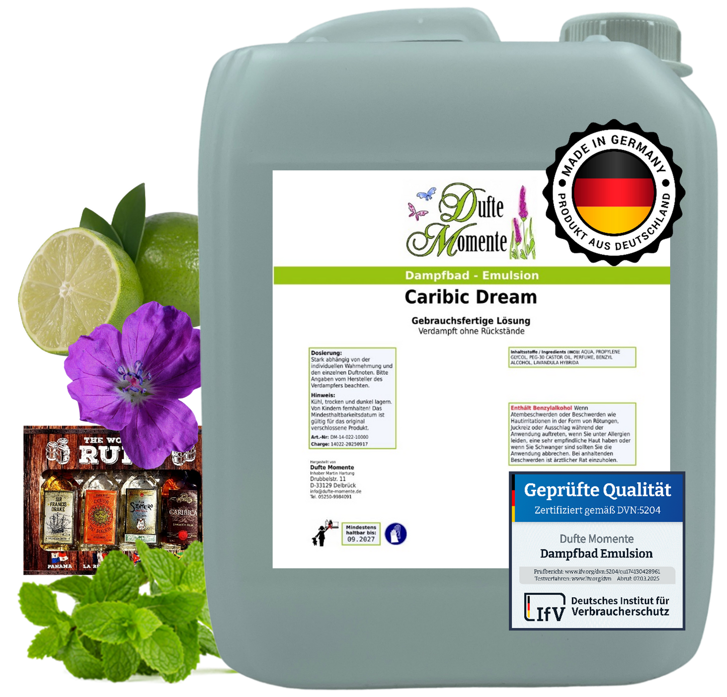 Dampfbad-Emulsion Caribic Dream (Geranium, Mojito) | Gebrauchsfertig & DVN-Zertifiziert für Dein Home-Spa | 3L, 5L, 10L