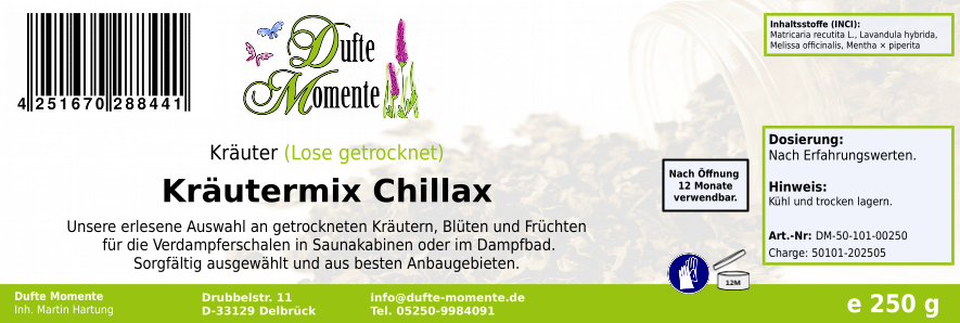 Getrocknete Kräuter Etikett 250g Kräutermix Chillax