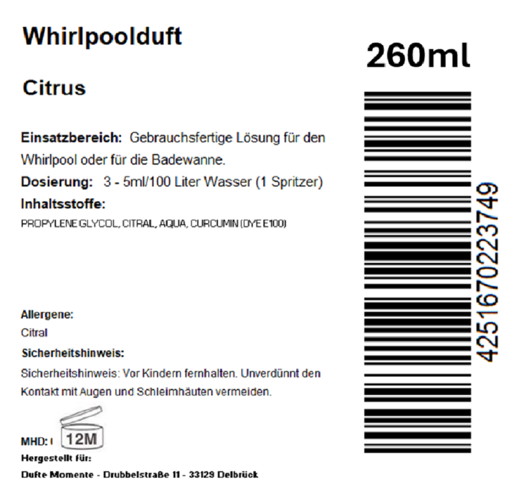 Whirlpoolduft 260 ml Etikett Citrus