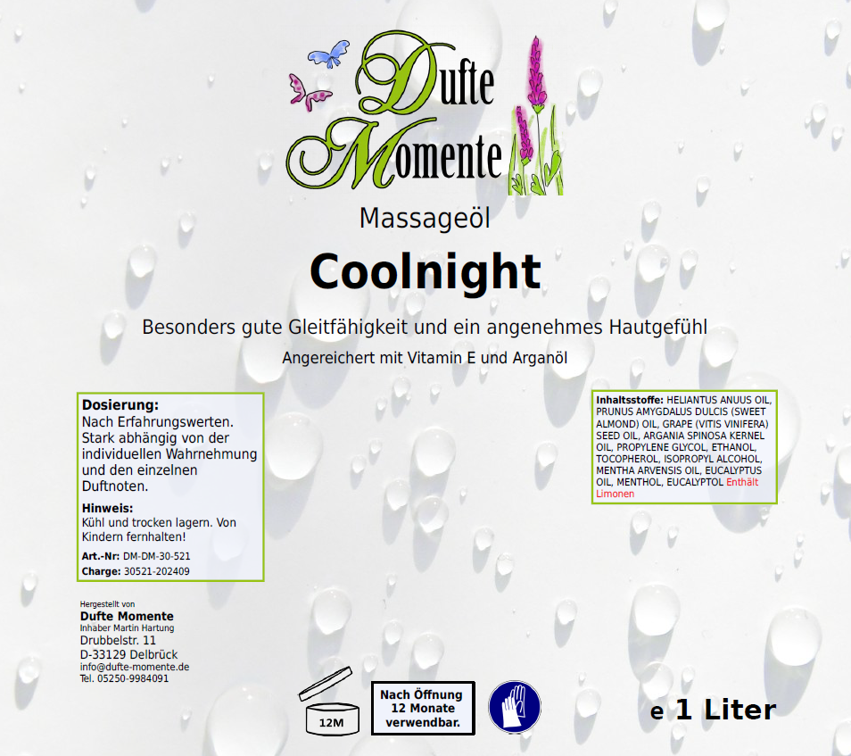 Massageöl-Etikett 1 Liter Coolnight